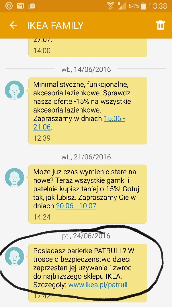 Wiadomość SMS z systemu Ikea Family / barierka Patrull (fot. NaZakupy.net)